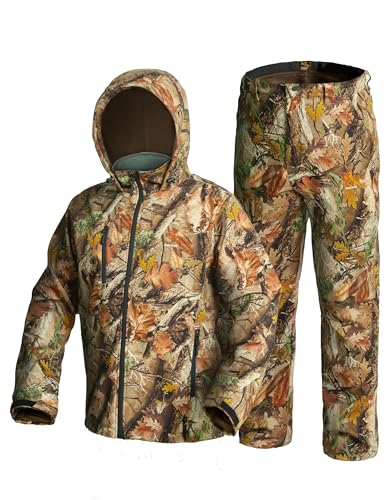 Hunt Quiet Hunting Clothes, Silent Water-Resistant Camouflage Hunting Jacket & Pants Set with Fleece Lining for Warmth L