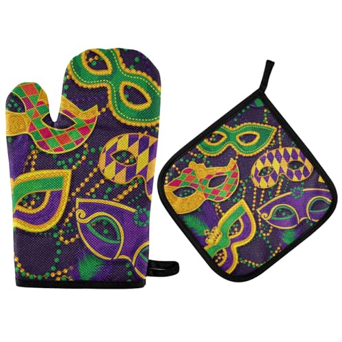 Aflyko Mardi Gras Oven Mitt Pot Holder Gift Set Carnival Masquerade Mask Necklace Funny Cooking Glove Kitchen Potholder BBQ for Baking