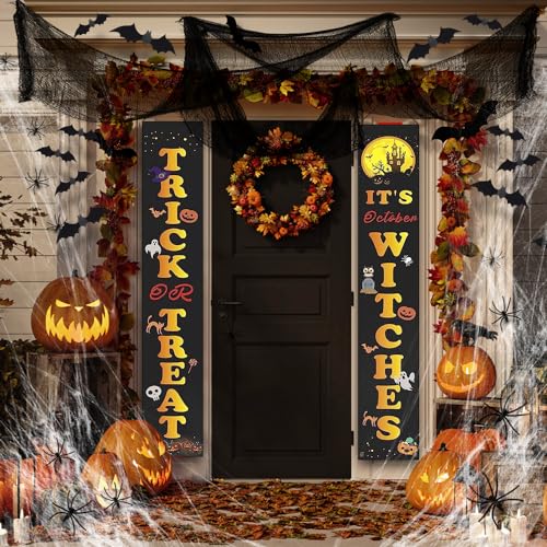 28 PCS Halloween Outdoor & Indoor Decor Set - Porch and Door Decorations Containing Banners, 3D Bats, Creepy Cloth, and More