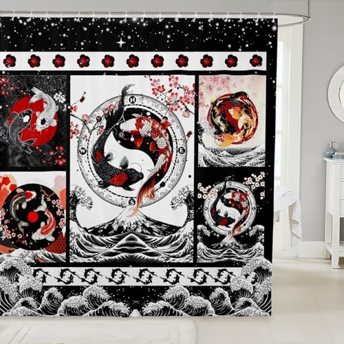 Feelyou Japanese Koi Fish Shower Curtain 72"x72" Japanese Wave Bath Curtain Kids Boys Girls Cherry Blossoms Bathroom Shower Curtain Set Japanese Style Ocean Plaid Bathroom Accessories