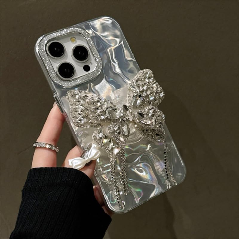 Image of COVERLY for iPhone 12 Pro 3D Butterfly Tassel Diamond Holder Stand Wrinkle Artistic Phone Case, Luxury Rhinestone Glitter Bride Water Ripple Lens Protection Holographic Cover for Apple iPhone 12 Pro