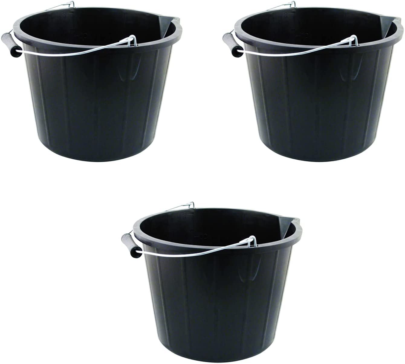 M1ss Black Set Of 3- Plastic Builders Bucket 3 Gallon 14 Litre Water Mixing Storage Strong With Measuring Guide, Handle And Spout (Made In U.k)