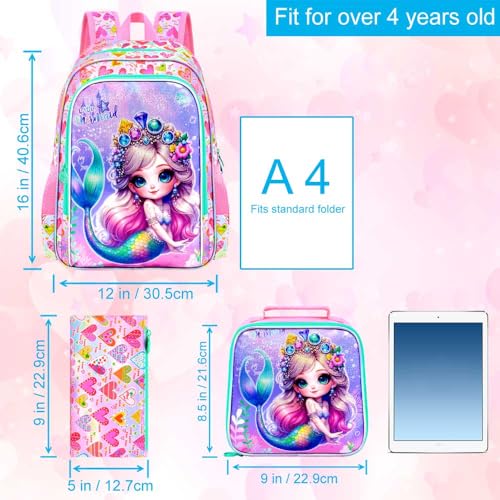 Image of CCJPX 3Pcs Mermaid Backpack for Girls, 16 inch Kids Bookbag with Lunch Box, Water Resistant Elementary School Bag for Kindergarten Preschool Toddler (Pink)