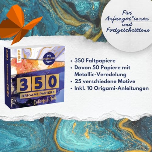 350 Origami Block Colorful Ink: 350 Falt-Papiere (14 x14 cm, 80 g/m²), in 25 Designs, 50 Metallic-Folie-Papiere, 20 Seiten Origami-Grundkurs, Softcover