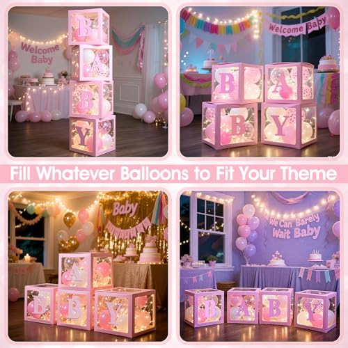 Image of Ledido Baby Boxes with Letters for Baby Shower Decoration, 4 pcs Clear Baby Balloon Boxes Blocks with LED Fairy String Lights 38 Balloons for Boy Girl Gender Reveal Birthday Party (Pink)