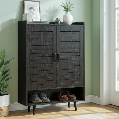 Cozy City Shoe Cabinet with Doors, 7-Tier Shoe Cabinet Storage for Entryway with Adjustable Shelves, Wooden 46'' Tall Shoe Rack Organizer Cabinet for Front Door, Hallway Closet, Living Room - Black
