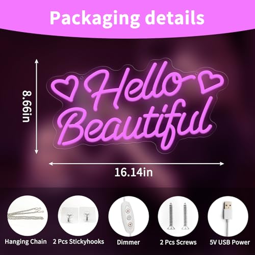 Image of Hello Beautiful Neon Sign, Dimmable Neon Light Sign, LED Letters Light up Signs for Wall Decor, USB Powered Neon Lights for Shop Party Bedroom Christmas Decoration 16.33 x 8.66 inch