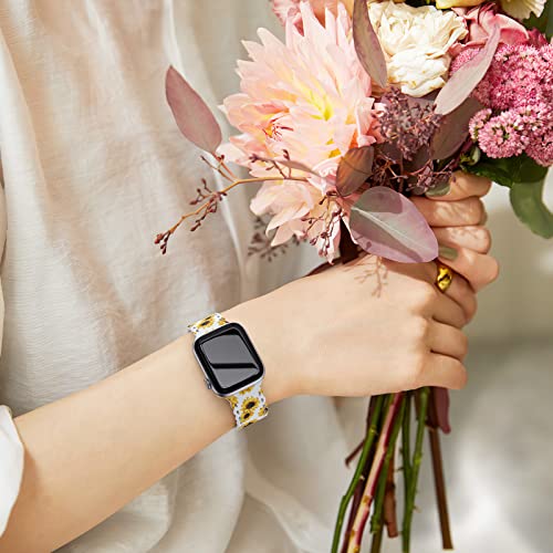 Image of Compatible with Apple Watch Band 41mm 40mm 38mm 49mm 45mm 44mm 42mm Women Girl, Sunflower Print Lace Hollow-out Soft Silicone Sport Bands For iWatch Ultra SE Series 9 8 7 6 5 4 3 2, SunflW-42