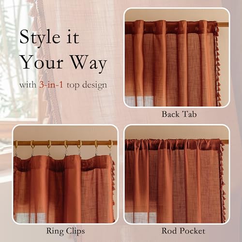 Image of MYSKY HOME Bohemian Macrame Curtains 84 Inches Long for Living Room,Semi Sheer Light Filtering Privacy Drapes Farmhouse Coutry Home Decor for Bedroom, 50 inch Wx84 inch L, Terracotta, 2 Panels