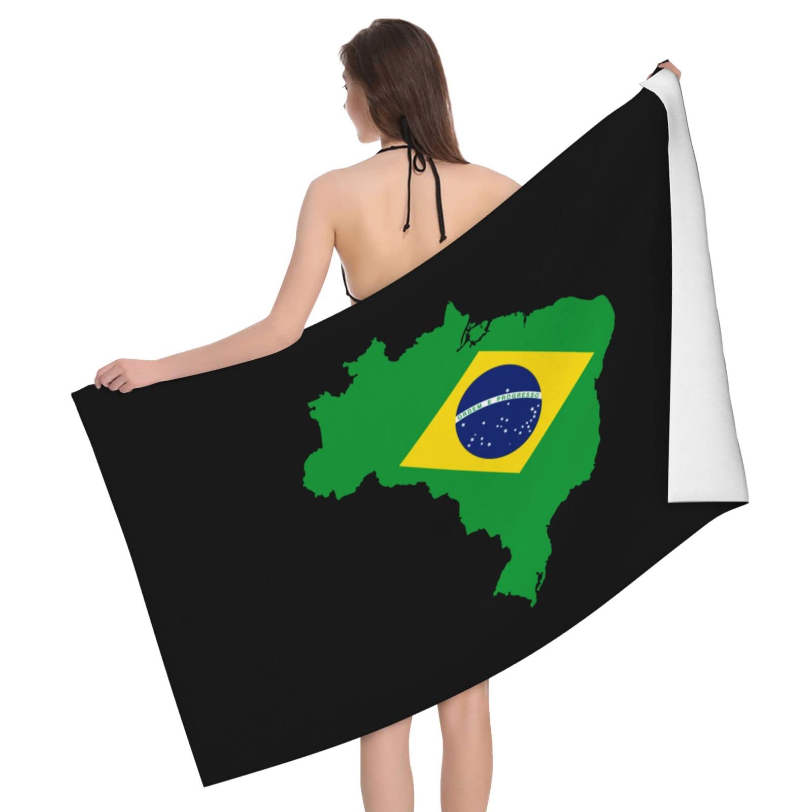Lsjuee Brazil Flag Map Microfiber Beach Towel Absorb Water Quick Dry Bath Towel, for Beach, Swimming Pool, Camping