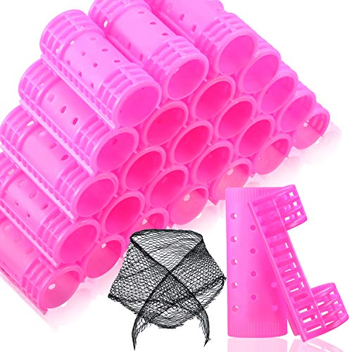 30 Pieces Snap on Hair Rollers Set Clip on Curlers Plastic Cold Wave Curlers with Triangle Hair Net Hairdressing Styling Tool, 2.8 cm Pink