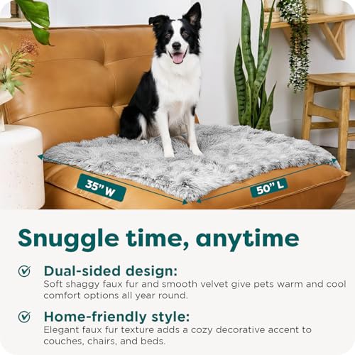 Image of Furhaven Waterproof Throw Blanket for Dogs & Indoor Cats, Washable - Shaggy Plush Calming Long Faux Fur & Velvet Dog Blanket - Mist Gray, Large