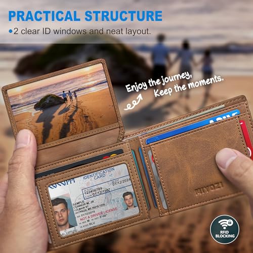 Image of miyozi AirTag Wallet for Men, Slim Leather Bifold with Holder Slot, 2 ID Windows & 13 Card Slots, RFID Blocking Front Pocket Wallet with Gift Box