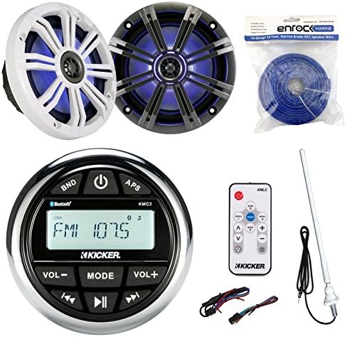 Kicker KMC2 Marine Boat Yacht Gauge Style AM/FM Stereo Receiver Bundle Combo with 2X 8 Multi Color LED Audio Speakers W/Light Remote Control + Enrock 45" Antenna + 50 Feet 14g Speaker Wire