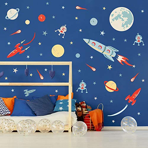 BUCKOO Colorful Outer Space Spacecraft Wall Decal (73pcs), Galaxy Solar System Wall Sticker for Nursery Explorer,Planets Spaceship Stars Decal Playroom Classroom Decoration,Gift.