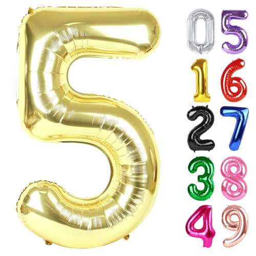 Image of Light Gold Number 5 Balloon 40 Inch, 5th Birthday Party Decorations, Giant 5 Foil Balloon for Party Supplies
