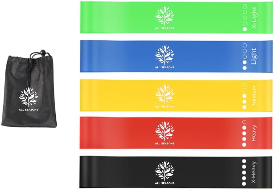 All Seasons Fitness Bands Set – Resistance Bands Pack of 5, 5 Strengths, Latex-Free (PTE), Includes Carry Bag – Exercise Band for Muscle Building, Yoga & Pilates