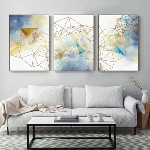Triptyque d'art mural géométrique jaune 55x75cm avec cadre interne en bois