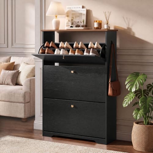 Nicetree 3 Flip‑Drawer Shoe Cabinet,Walnut Top,9.5" Deep, Light Black