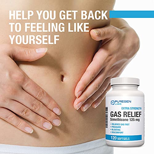 Image of Puregen Labs Extra Strength Gas Relief Softgels with Simethicone 125 mg | Fast Relieve of Pressure, Bloating and Painful Discomfort - 12 Pack | Total 1440 Softgels