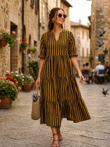 Image of Women's Striped Midi Dress with V-Neck, Yellow and Black