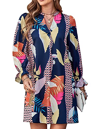 Kinmiu Womens Loose Body Con Business Mini Work Sun Shift Dress Long Puff Sleeve Juniors Beach Homecoming Bodycon Flowy Tunic Summer Funeral Tunic Dresses For Women(Small,Geometry Printed) #TOP3