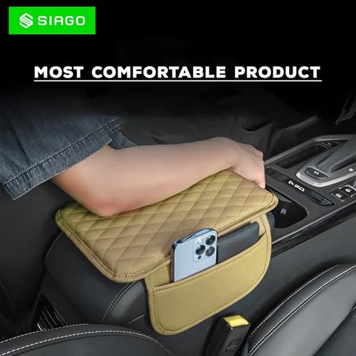 Image of SIAGO Car Armrest Cover Cushion with Storage Bags | Soft Center Console Protector Pad | Non-Slip, Waterproof & Durable | Universal Fit for Cars, SUVs & Trucks (Beige) SIA144