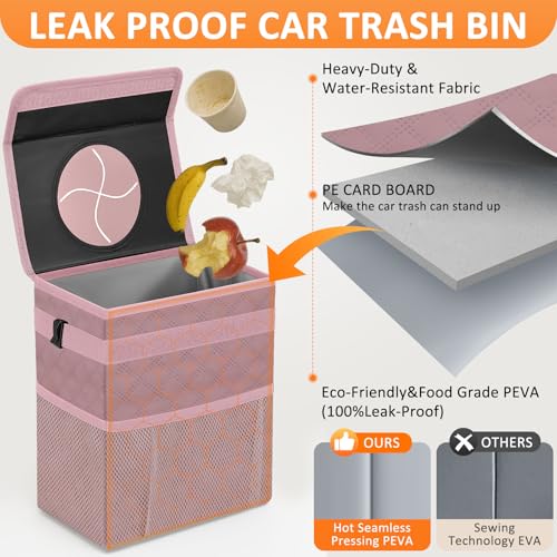 Image of Vankor Car Trash Can for Car Cute, Car Trash Bag Bin Hanging Waterproof Automotive Car Garbage Cans Leak Proof Vehicle Trash Can Diamond Pattern-Pink