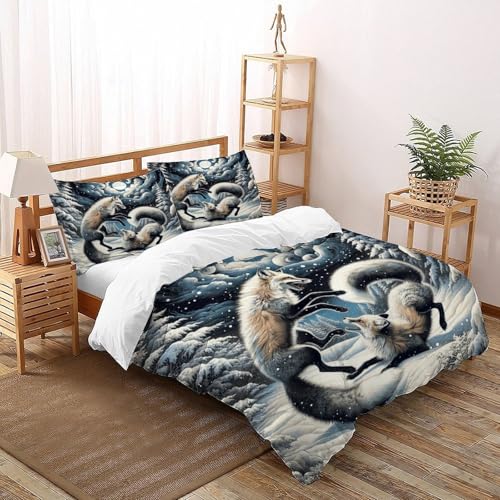 Parure de couette Snow Fox housse de couette animal theme microfibre literie grand lit