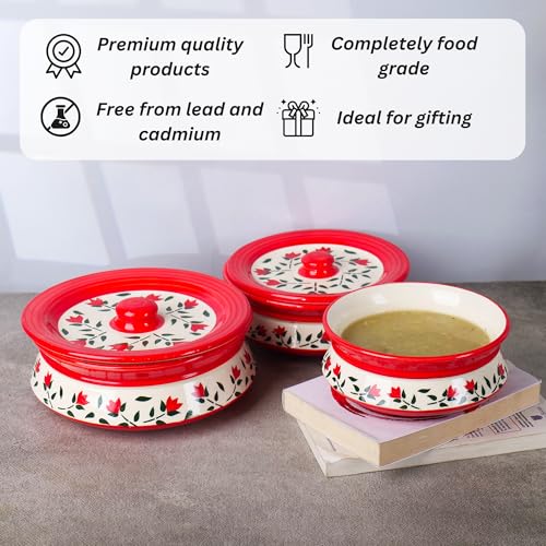 Image of Niyara Premium Ceramic Casserole /Donga Set with Lids - Handcrafted Serving Bowls for Hot Food, Microwave & Dishwasher Safe - Set of 3, Sizes: 1000ML, 650ML, 550ML (Red leaf design)