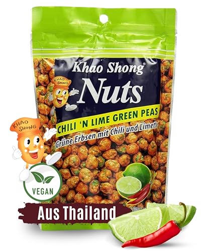 Khao Shong Chili 'n Lime Green Peas, grüne Erbsen mit Chili & Limette überzogen, knackiger Snack im fruchtig-scharfen Teigmantel, fettärmere Alternative zu Nüssen, 1 x 120 g Standbeutel