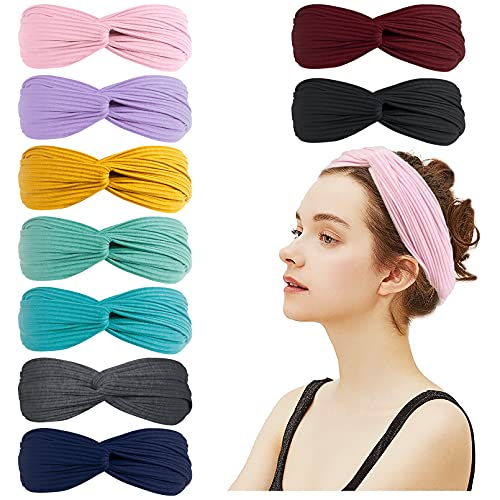 9 Pack Knotted Headband for Women Girls Fashion Boho Headbands Stretchy Cross Knot Cute Headband Elastic Solid Color Turban Headwrap Hair Accessories for Yoga Spa Workout, Set of 02