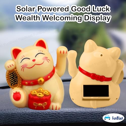 Image of FunBlast Maneki Neko Lucky Cat, Waving Arm Solar Powered Good Luck Wealth Welcoming Display Car Decor Paw Up with Arm, Decor Item for Home, Office and Car (Yellow)