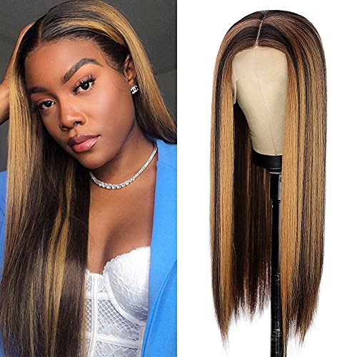 Nnzes Straight Highlight Lace Front Wigs Black Long Middle Part Synthetic Lace Front Wig for Women Natural Looking Highlights Heat Resistant Fiber Hair For Daily Party Cosplay (Black Mix Blonde )