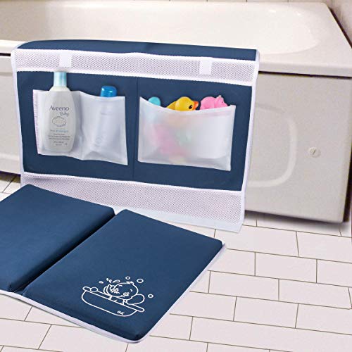 Image of Baby Bath Kneeler and Elbow Rest -1.5" Thick Kneeling Pad with Toy Organizer - Large Safty Kneeler Mat for Tub Bathing and Bathroom Time - Detachable and Foldable Child Bath Tub Mat - Royal Blue