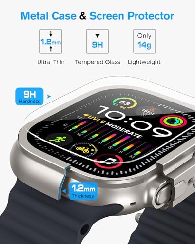 amBand Metal Case Screen Protector for Apple Watch Ultra 3/Ultra 2/Ultra 49mm, W3 Rugged Bumper Thin Frame with 9H Tempered Glass Film & Back Cover, [Waterproof] [Band Compatible], Natural Titanium - Thumbnail 4