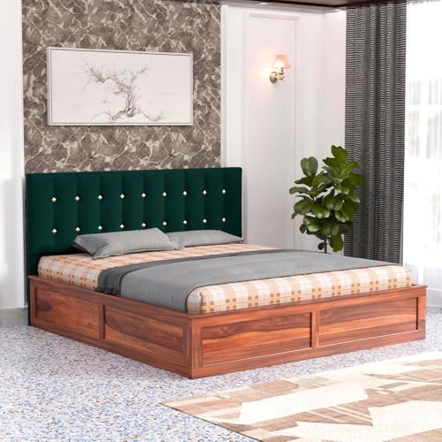 Image of Sheesham Wood Queen Size Bed with Storage Box | Upholstered Beds | Platform Cot with Cushioned Headboard | Double Bed for Home | Recommended Mattress 78x60 Inch | Bottle Green & Honey Finish