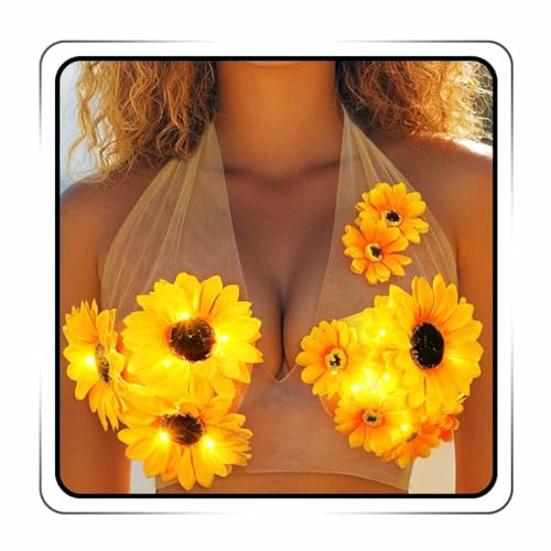 GRAEEN Light Up Sunflowers Bikini Tops Halter Rave Bra for Women Beige
