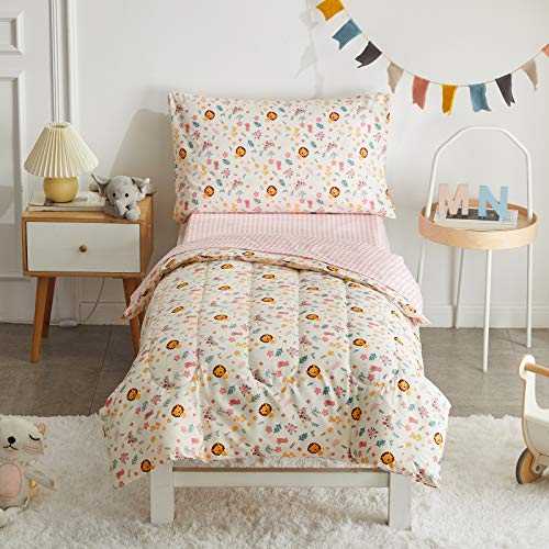 Uozzi Bedding 4 Pieces Toddler Bedding Set Lion White Includes Comforter, Flat Sheet, Fitted Sheet And Pillowcase #TOP2
