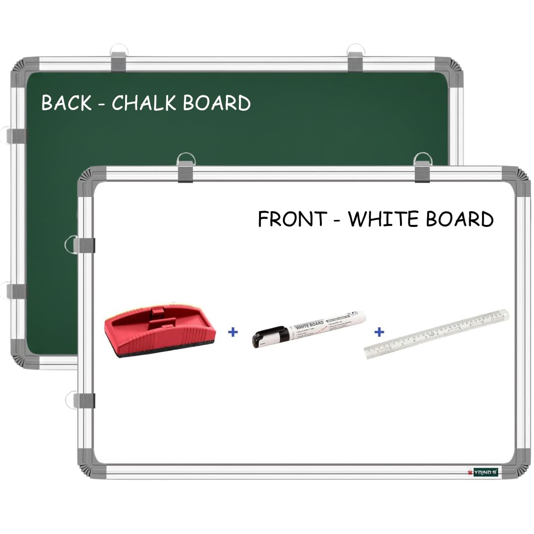 - YAJNAS White Board 1.5x2 Feet Non-Magnetic | Double Sided Whiteboard & Chalkboard for Kids Study, Home Classroom, Office Teaching | with Duster, Marker & Scale | P4 Combo Study Board