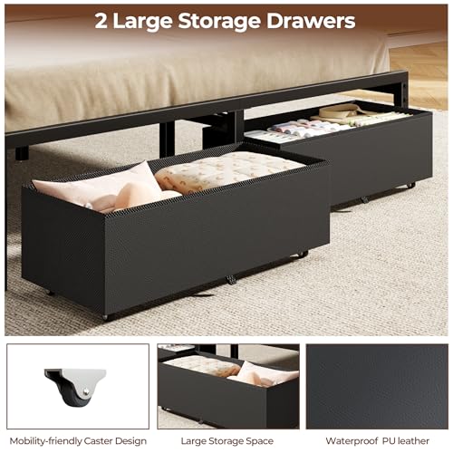 Image of Furnulem Full Size Bed Frame with Charging Station and LED Lights, PU Leather Upholstered Headboard, Metal Platform Bed with 2 Fabric Storage Drawers, Noise Free, No Box Spring Needed, Black
