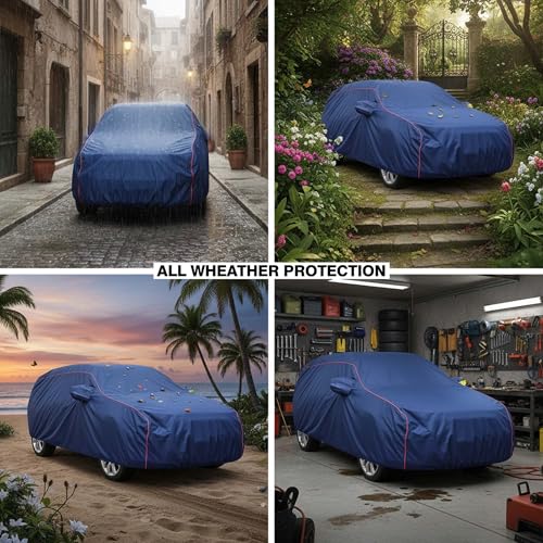 Image of Sulfar 100% Water Resistant Car Body Cover Compatible with Mirror for Mahindra Scorpio (Triple Stitched, Full Bottom Elastic, Blue Taffeta with Red Piping)