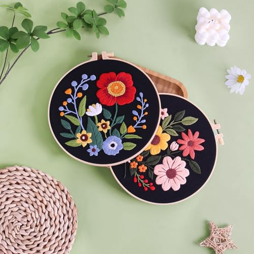 Image of Louise Maelys 3 Pack Floral Embroidery Kit for Beginners with Hoop Threads | 3 Floral Pattern Cross Stitch Kits with Hoop, Threads and Step-by-Step Instruction, DIY Needlepoint Kit for Starter Supplies