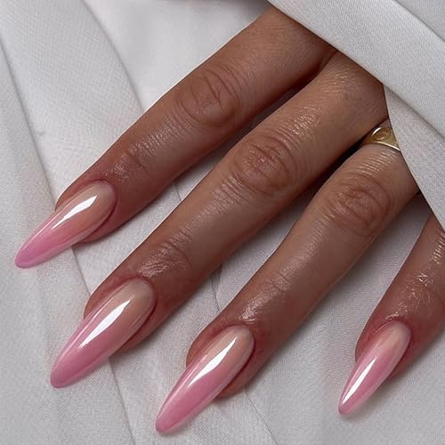 French Tip False Nails - 24pcs Long Stiletto False Nails - 12 Sizes Fake Nails with Glue - Gradient Pink Press on Nails - Stick on Nails for Women Girls - Acrylic Nails French Tip for Daily Party Wear
