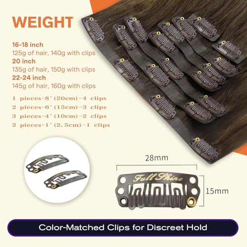 Image of Full Shine Seamless Clip in Hair Extensions Human Hair, 20 Inch 150g 8 Pcs Brown Ombre Light Brown Mix Blonde Hair Extensions Clip Ins for Women, Invisible PU Skin Weft, Thick Hair for Volume