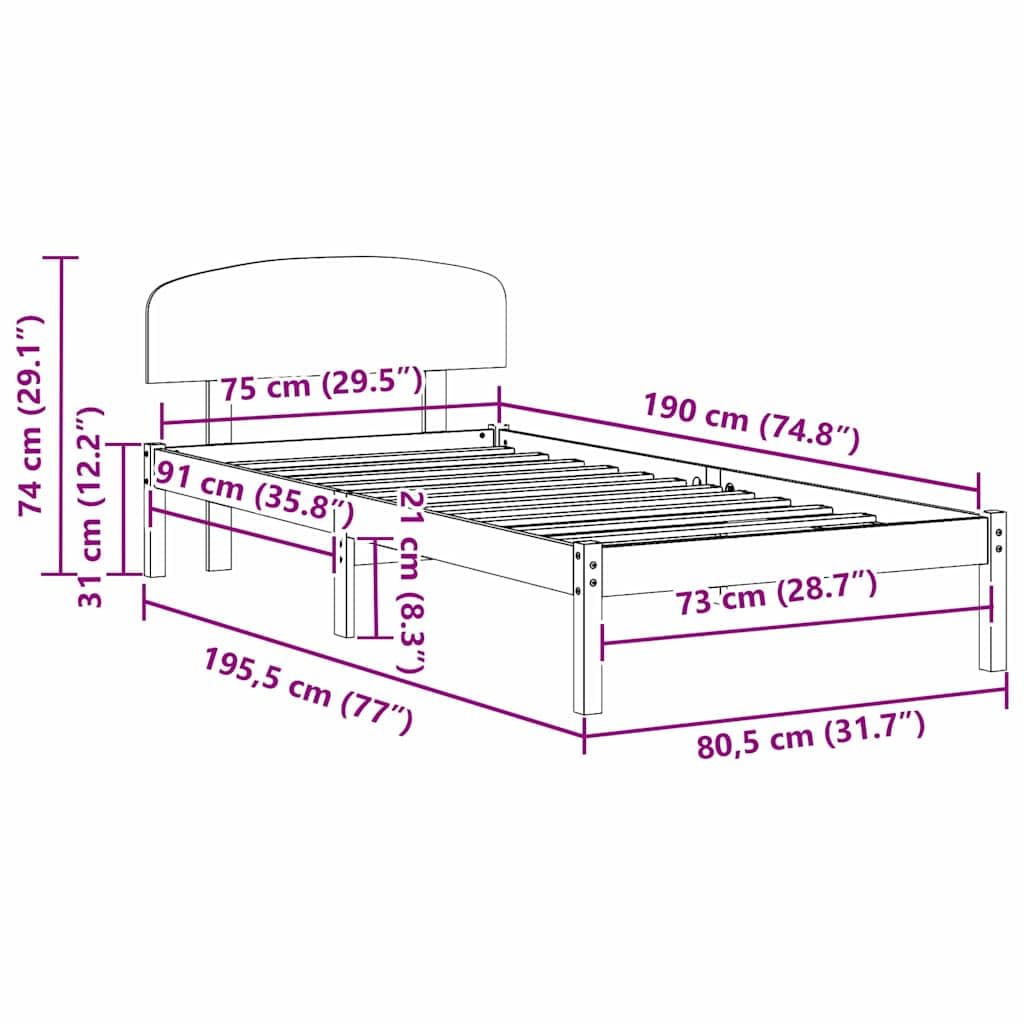 vidaXL Estructura de Cama con cabecera Marrón Cera 75 x 190 cm, Cama de Madera de Pino Moderna, con Cabecero, Fácil Montaje, Muebles Minimalistas para Tu Dormitorio