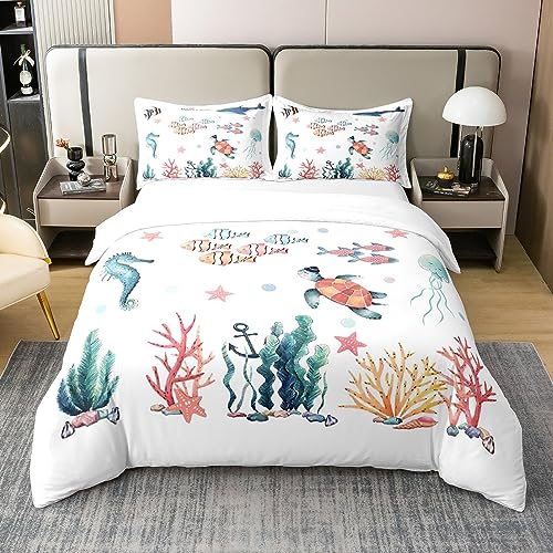 Ocean Turtle Kids Cotton Duvet Cover Set - Marine Decor for Boys - Beach Starfish & Seahorse Design - Double Bedroom