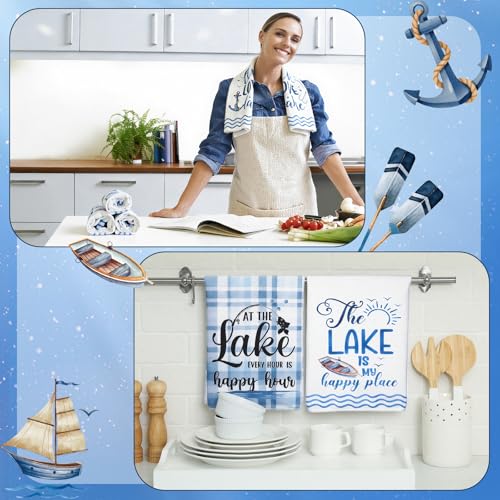 Image of VitalCozy 6 Pcs Lavender Summer Kitchen Towel Set Funny Housewife Farmhouse Rustic Bath Hand Towel for Holiday Bathroom Gift, 24 x 16 Inches (Blue and White,Lake House)
