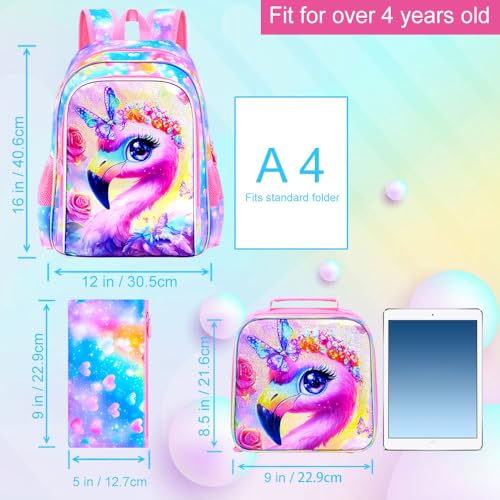 Image of 16 inch Flamingo Backpack for Girls, 3Pcs School Bookbag Set with Lunch Box, Kids Backpacks for Elementary Preschool Kindergarten (Rainbow)