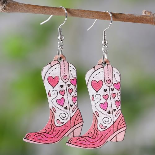 Boho Western Cowgirl Boots Hat Wooden Earrings for Women Pink Cowboy Flower Leaf Dangle Drop Earrings Country Concert Theme Party Jewelry Gift2